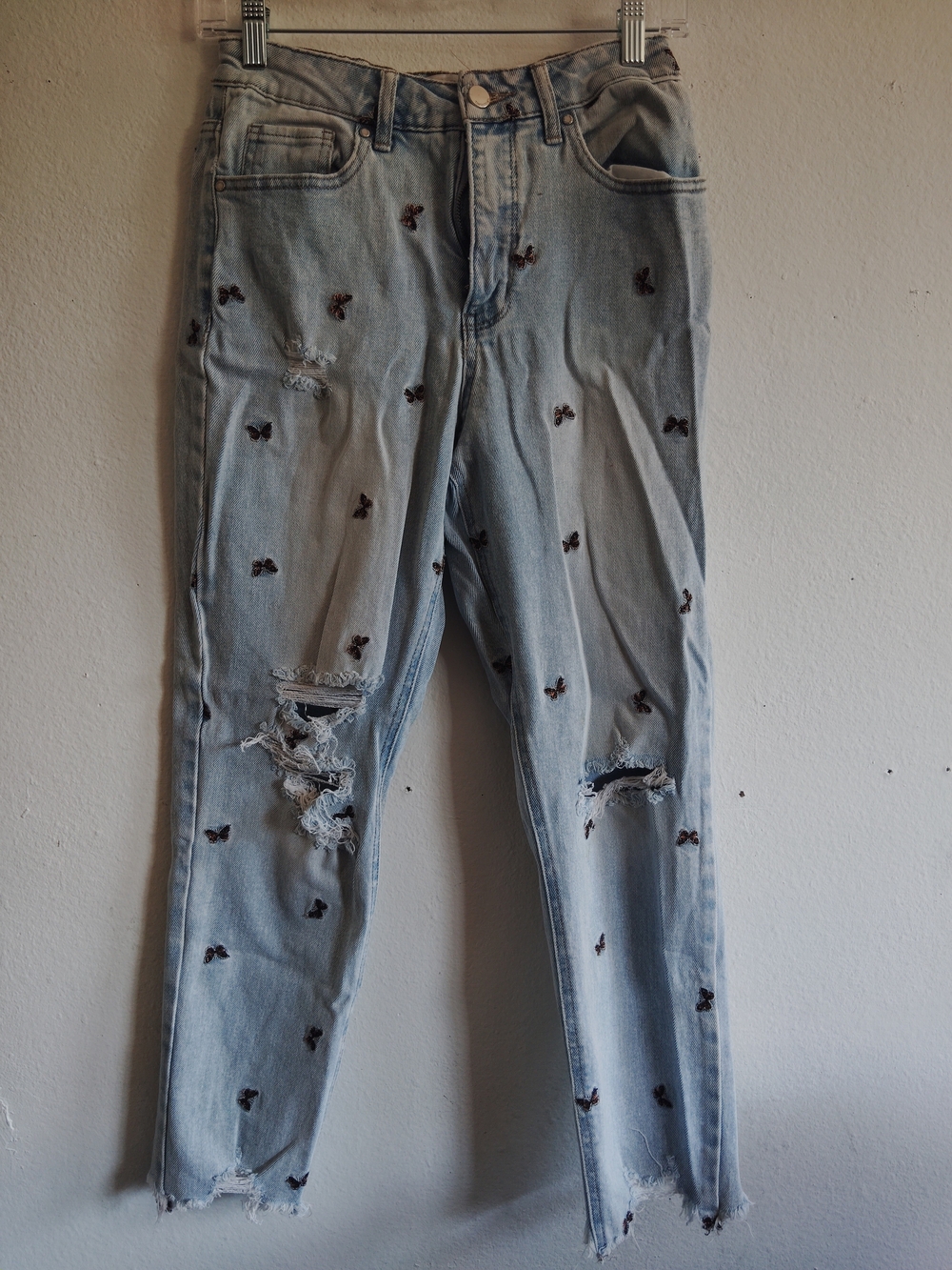 Tinseltown Light Wash High Waisted Denim Mom Jeans with Embroidered Butterflies